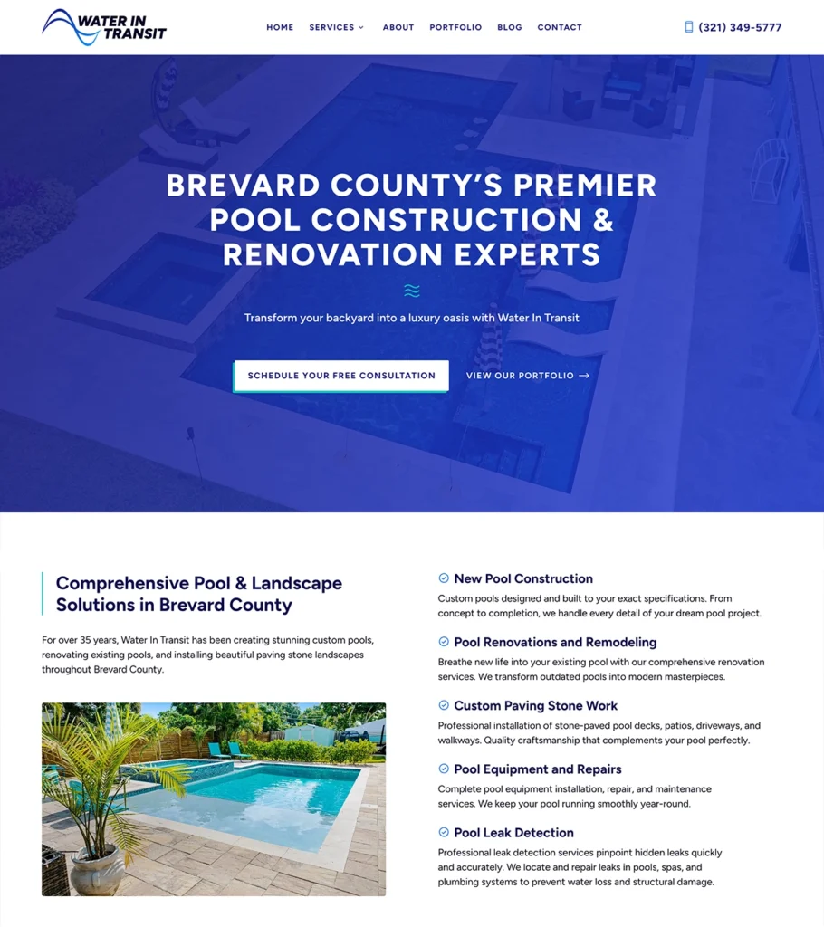 Website design and development for Brevard County, FL custom pool builder Water In Transit